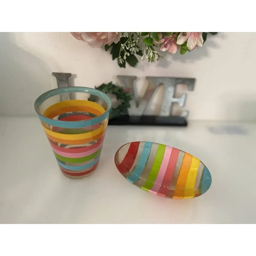 Vintage 1970s Retro Acrylic Rainbow Bathroom Accessory Set Tumbler Soap Dish GUC